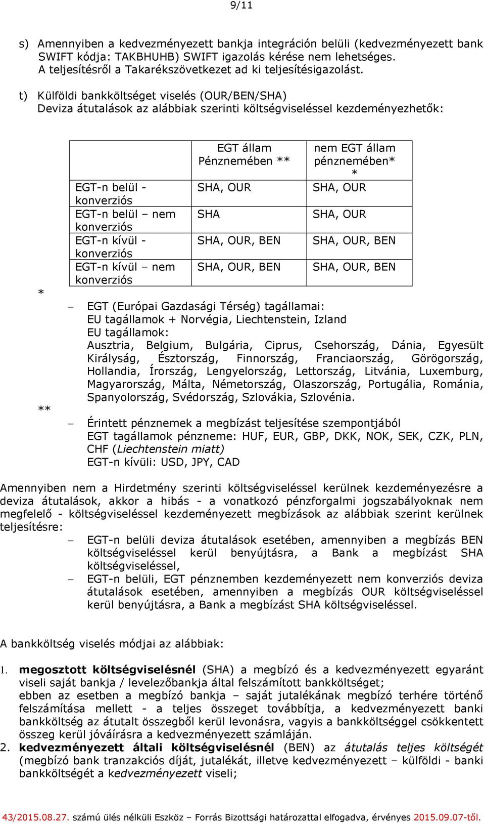 t) Külföldi bankköltséget viselés (OUR/BEN/SHA) Deviza átutalások az alábbiak szerinti költségviseléssel kezdeményezhetők: * ** EGT-n belül - EGT-n belül nem EGT-n kívül - EGT-n kívül nem EGT állam