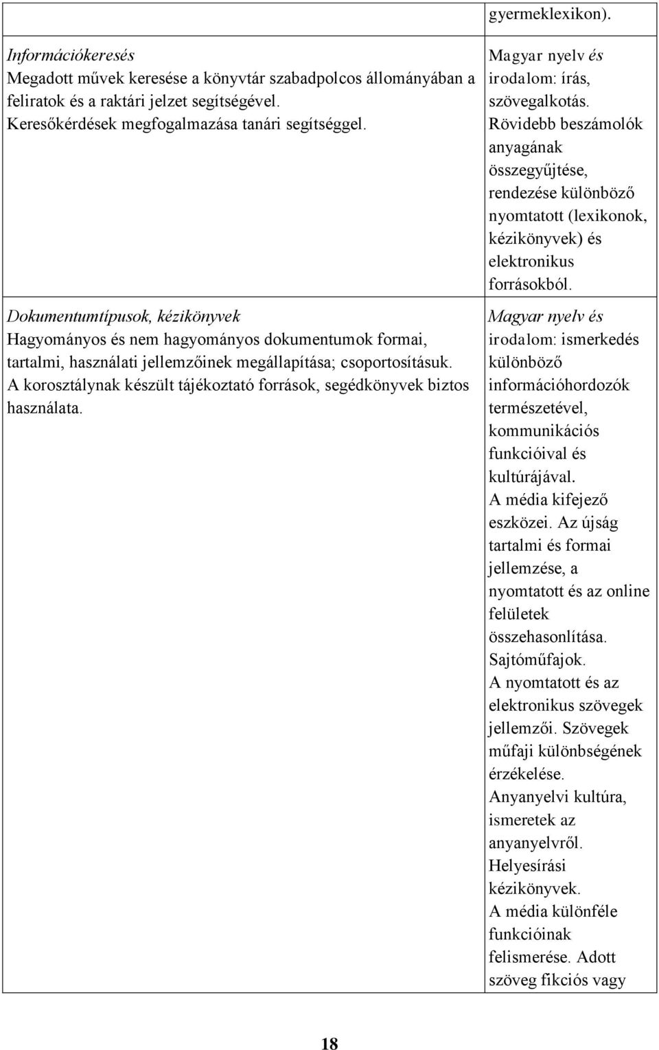 A korosztálynak készült tájékoztató források, segédkönyvek biztos használata. Magyar nyelv és irodalom: írás, szövegalkotás.