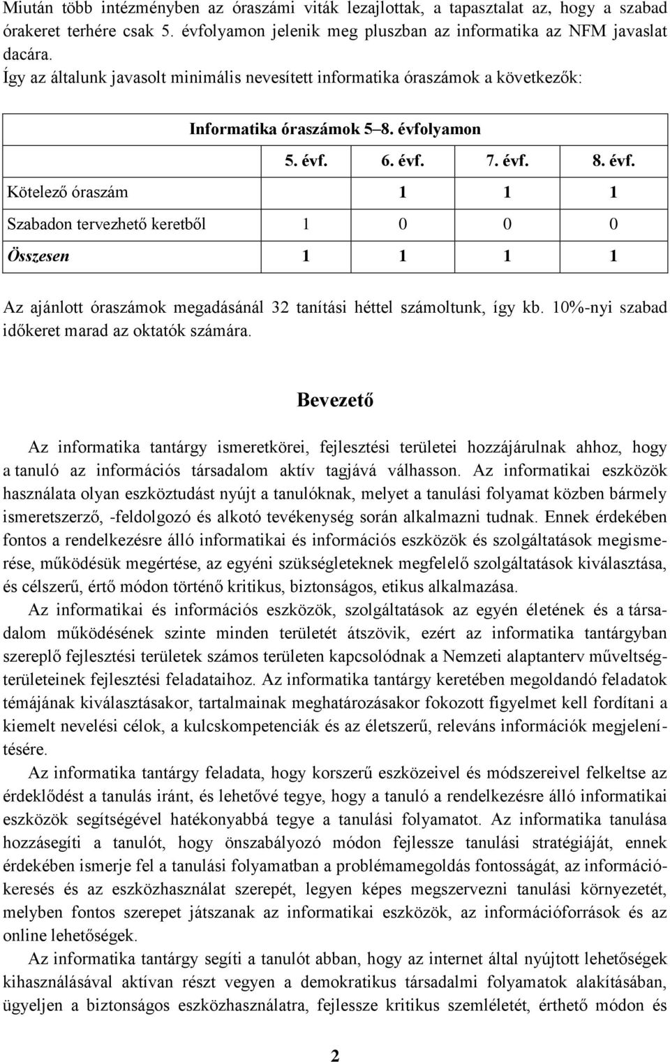 lyamon 5. évf. 6. évf. 7. évf. 8. évf. Kötelező óraszám 1 1 1 Szabadon tervezhető keretből 1 0 0 0 Összesen 1 1 1 1 Az ajánlott óraszámok megadásánál 32 tanítási héttel számoltunk, így kb.