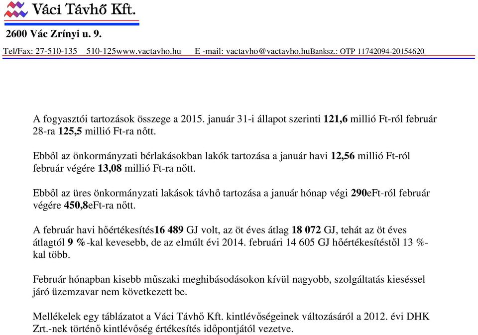 Ebből az önkormányzati bérlakásokban lakók tartozása a január havi 12,56 millió Ft-ról február végére 13,08 millió Ft-ra nőtt.