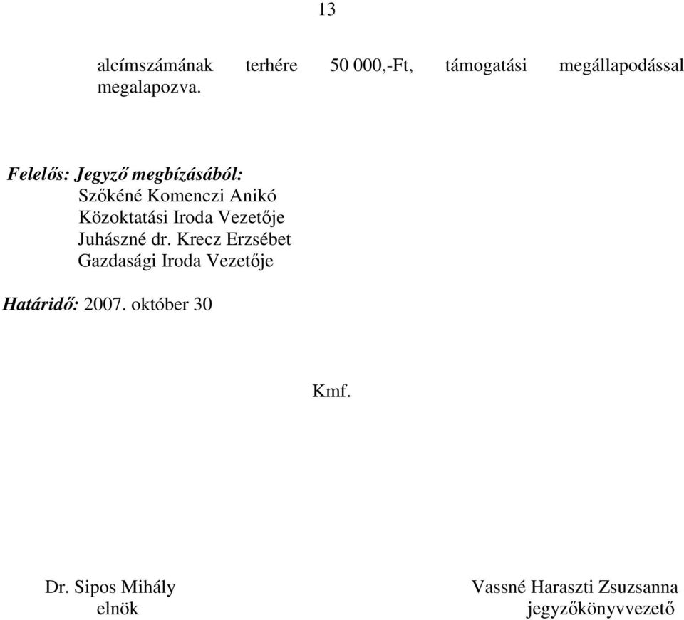 Vezetője Juhászné dr. Krecz Erzsébet Gazdasági Iroda Vezetője Határidő: 2007.