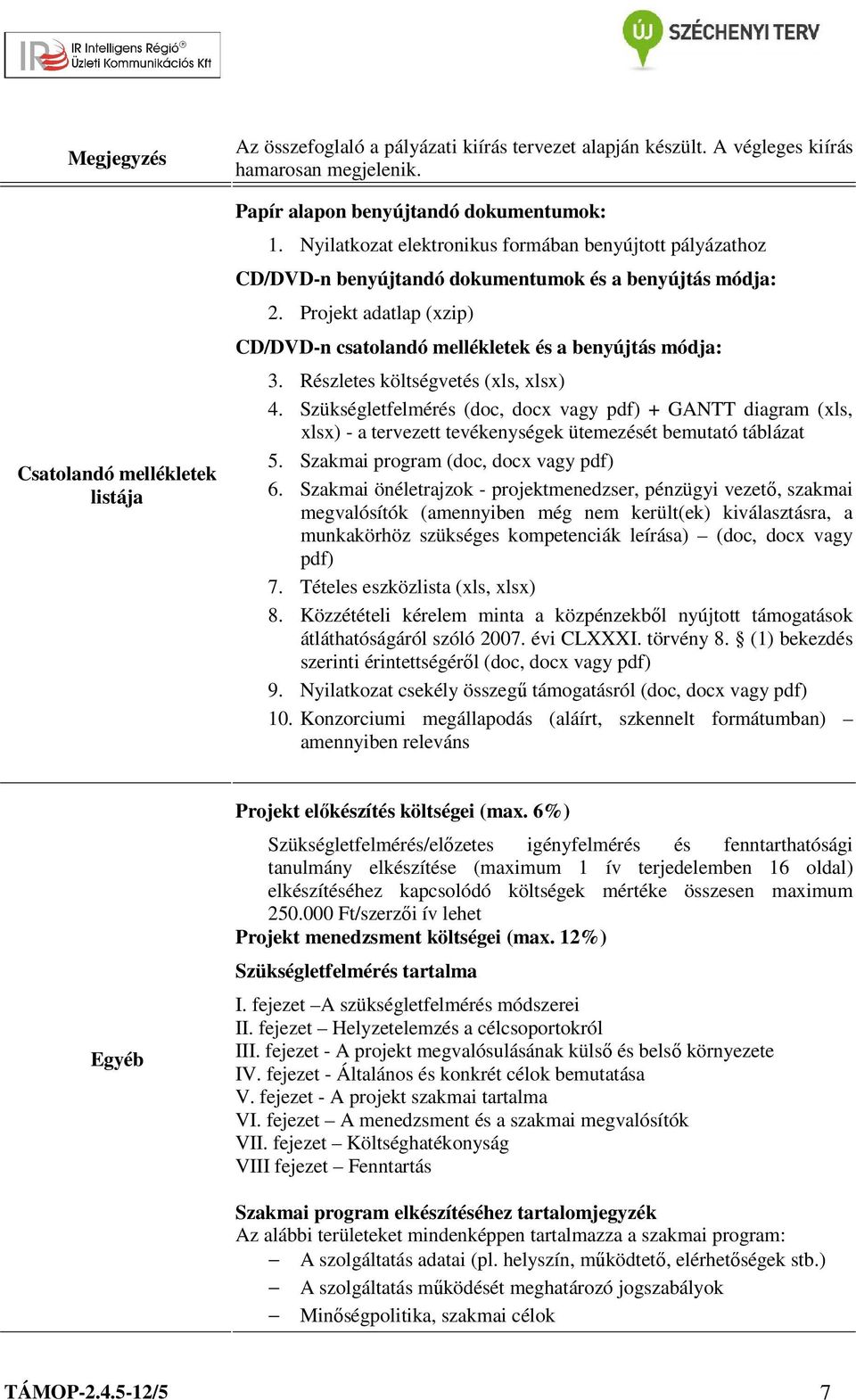 Részletes költségvetés (xls, xlsx) 4. Szükségletfelmérés (doc, docx vagy pdf) + GANTT diagram (xls, xlsx) - a tervezett tevékenységek ütemezését bemutató táblázat 5.