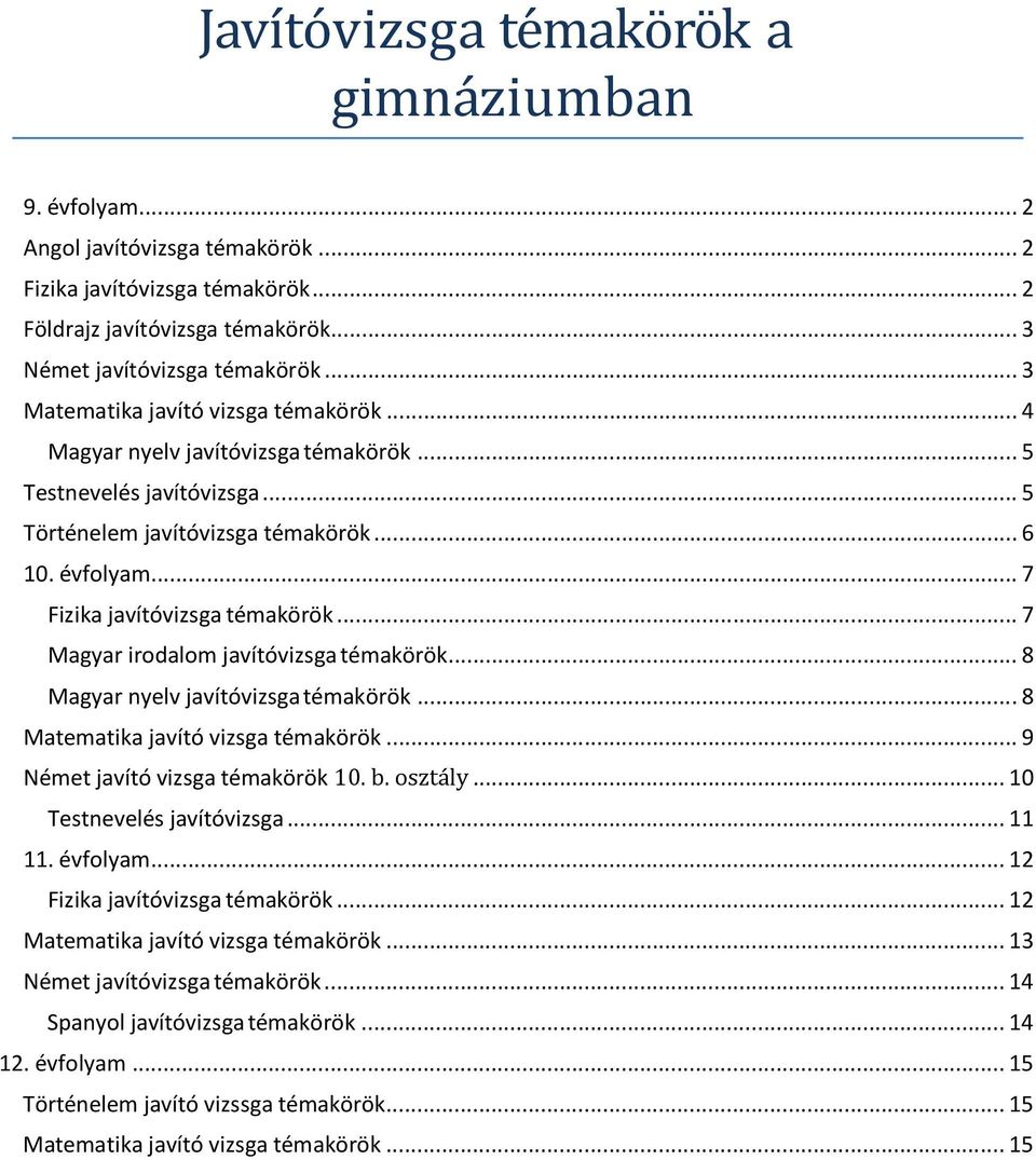 .. 7 Fizika javítóvizsga témakörök... 7 Magyar irodalom javítóvizsga témakörök... 8 Magyar nyelv javítóvizsga témakörök... 8 Matematika javító vizsga témakörök... 9 Német javító vizsga témakörök 10.