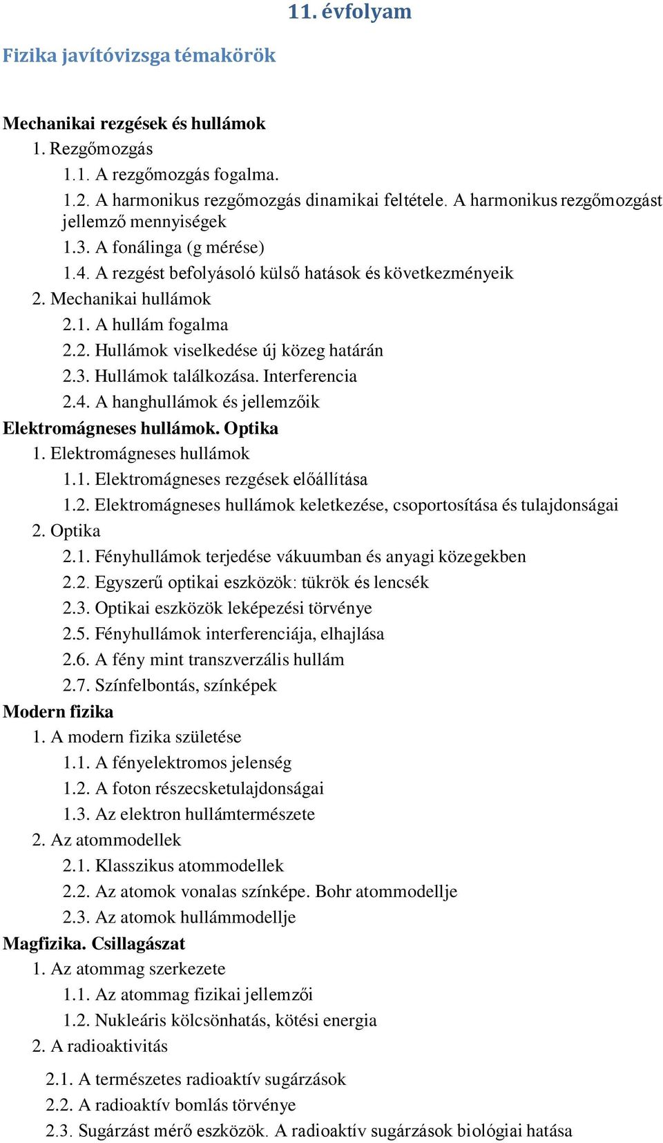 3. Hullámok találkozása. Interferencia 2.4. A hanghullámok és jellemzőik Elektromágneses hullámok. Optika 1. Elektromágneses hullámok 1.1. Elektromágneses rezgések előállítása 1.2. Elektromágneses hullámok keletkezése, csoportosítása és tulajdonságai 2.