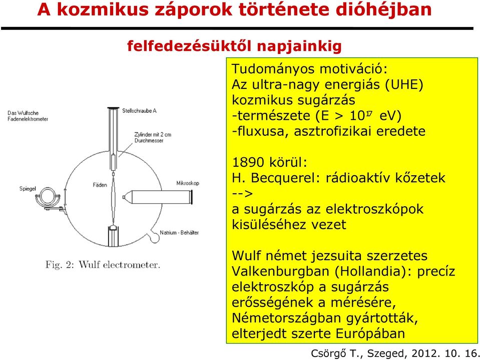 Becquerel: rádioaktív kőzetek --> a sugárzás az elektroszkópok kisüléséhez vezet Wulf német jezsuita szerzetes