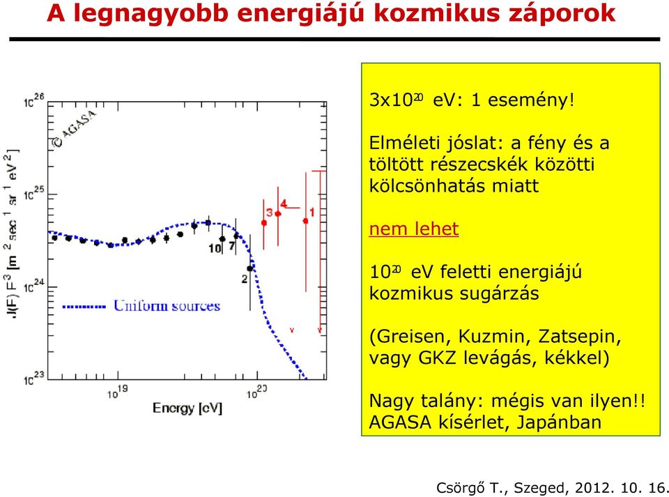 nem lehet 1020 ev feletti energiájú kozmikus sugárzás (Greisen, Kuzmin,