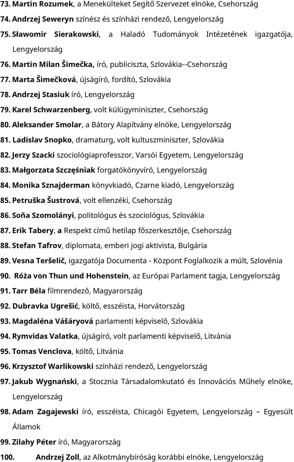 Aleksander Smolar, a Bátory Alapítvány elnöke, 81. Ladislav Snopko, dramaturg, volt kultuszminiszter, Szlovákia 82. Jerzy Szacki szociológiaprofesszor, Varsói Egyetem, 83.