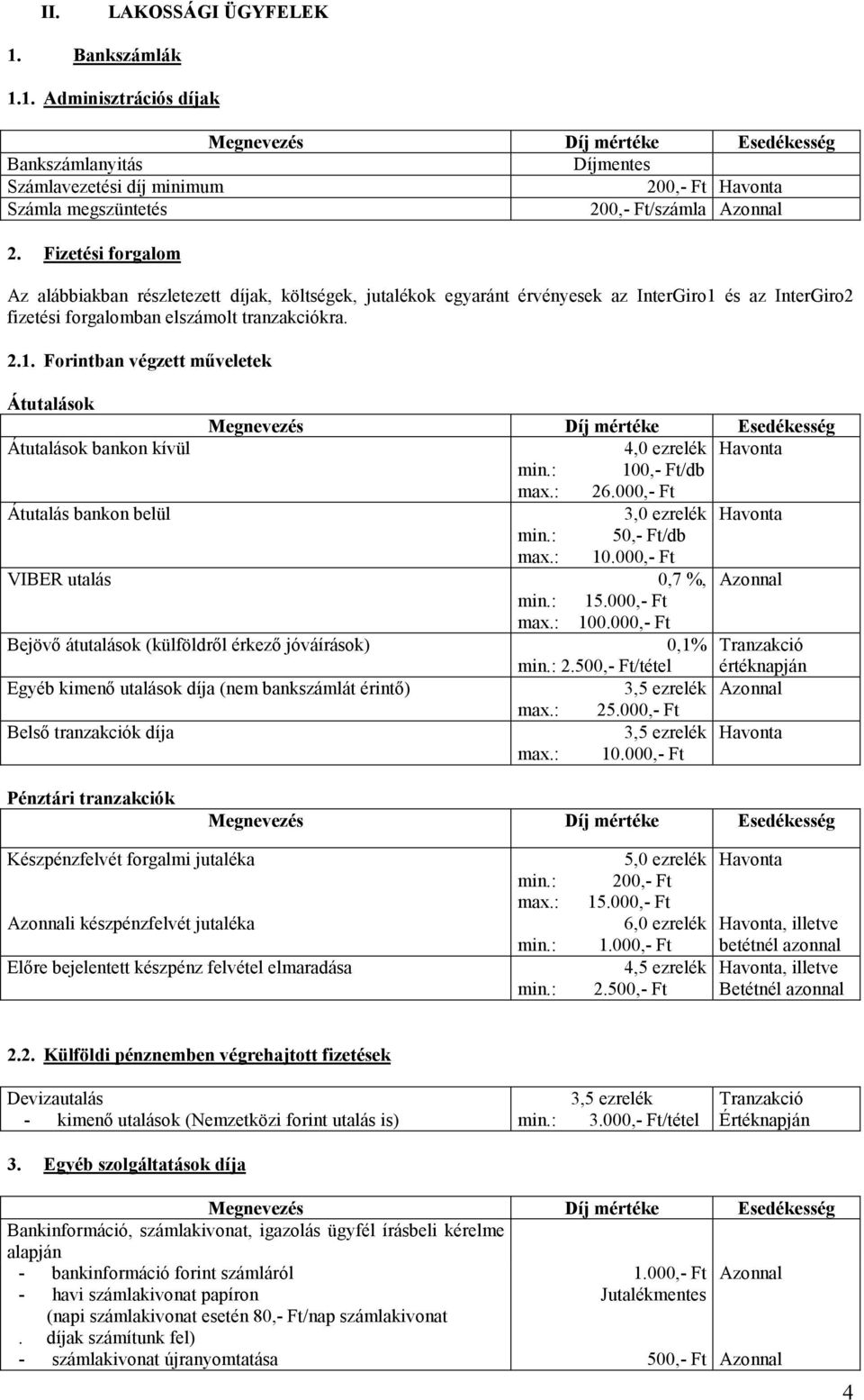 és az InterGiro2 fizetési forgalomban elszámolt tranzakciókra. 2.1. Forintban végzett műveletek Átutalások Átutalások bankon kívül 4,0 ezrelék Havonta 100,- Ft/db max.: 26.