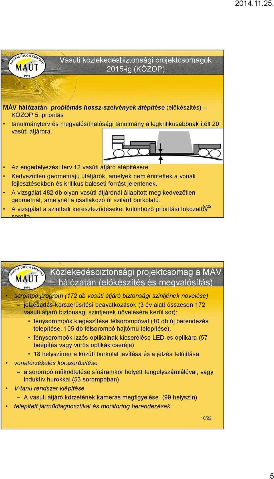 Az engedélyezési terv 12 vasúti átjáró átépítésére Kedvezőtlen geometriájú útátjárók, amelyek nem érintettek a vonali fejlesztésekben és kritikus baleseti forrást jelentenek.