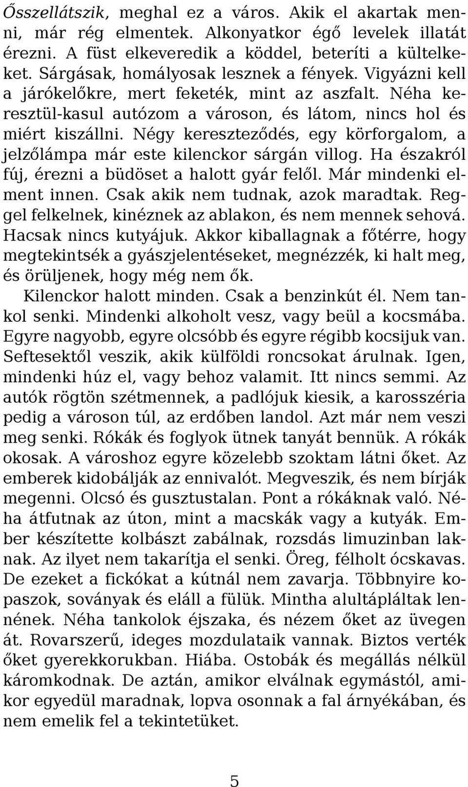 Négy kereszteződés, egy körforgalom, a jelzőlámpa már este kilenckor sárgán villog. Ha északról fúj, érezni a büdöset a halott gyár felől. Már mindenki elment innen.