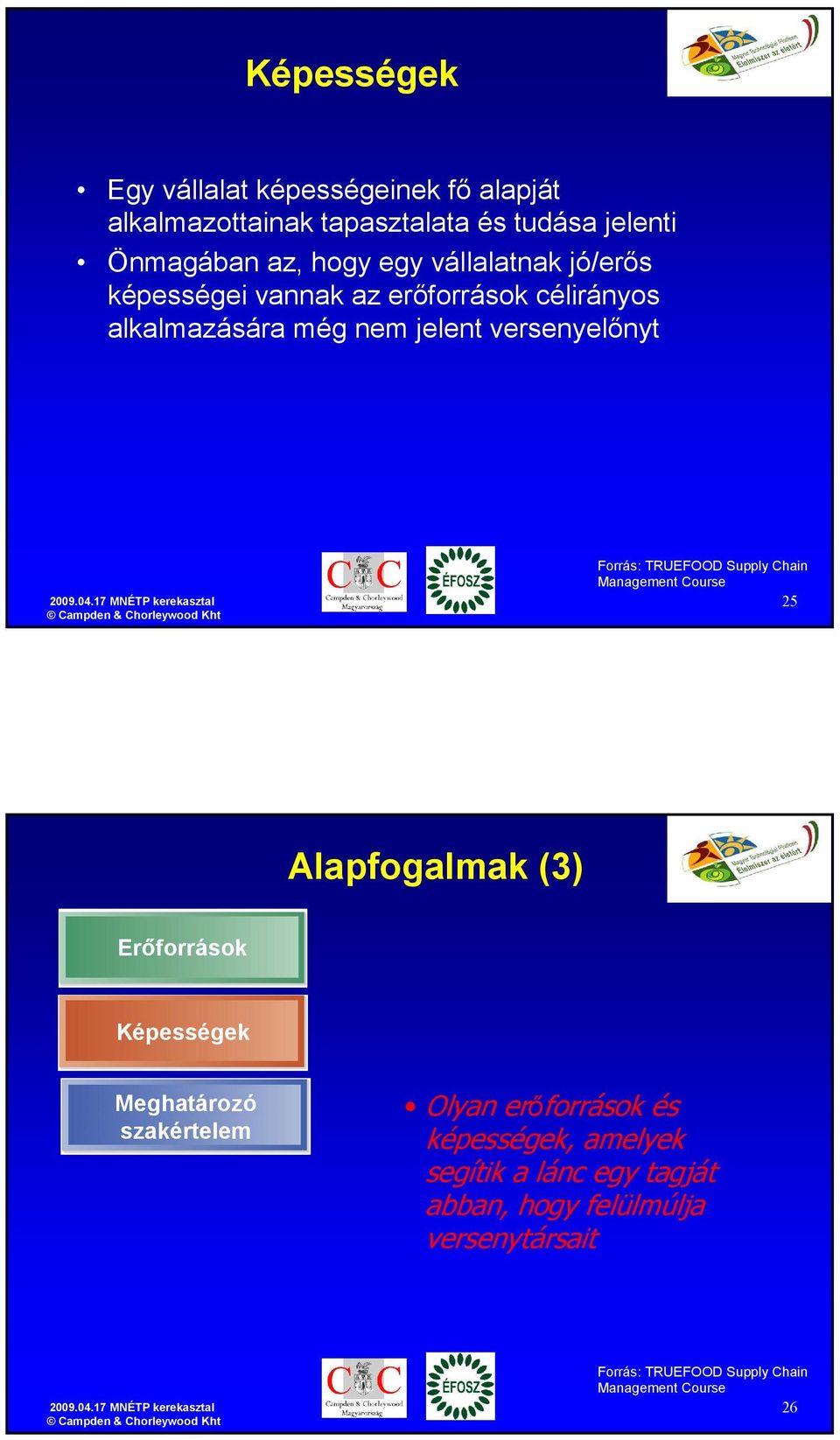 17 MNÉTP kerekasztal Forrás: TRUEFOOD Supply Chain Management Course 25 Alapfogalmak (3) Erıforrások Képességek Meghatározó szakértelem