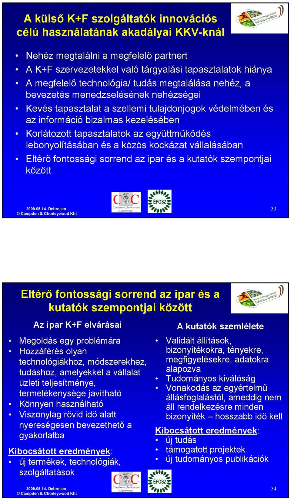 lebonyolításában és a közös kockázat vállalásában Eltérı fontossági sorrend az ipar és a kutatók szempontjai között 33 Eltérı fontossági sorrend az ipar és a kutatók szempontjai között Az ipar K+F