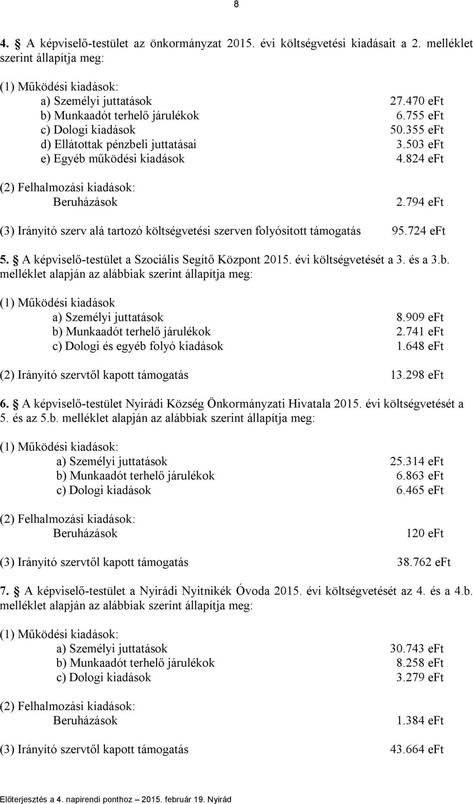 824 eft (2) Felhalmozási kiadások: Beruházások 2.794 eft (3) Irányító szerv alá tartozó költségvetési szerven folyósított támogatás 95.724 eft 5. A képviselő-testület a Szociális Segítő Központ 2015.