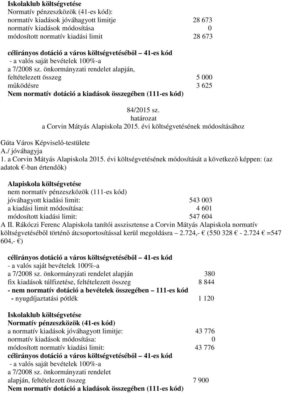 évi költségvetésének módosításához 1. a Corvin Mátyás Alapiskola 2015.