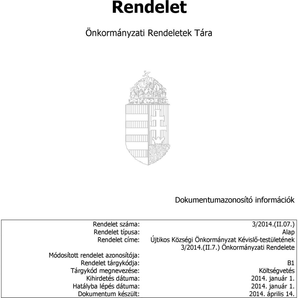 ) Önkormányzati Rendelete Módosított rendelet azonosítója: Rendelet tárgykódja: B1 Tárgykód megnevezése: