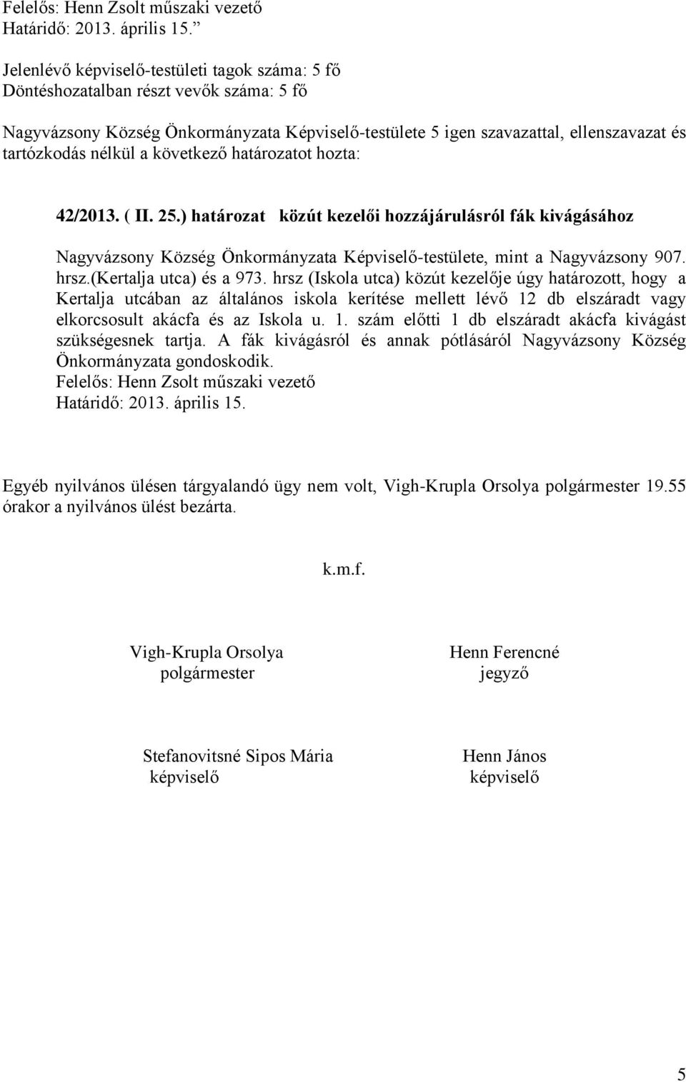 ( II. 25.) határozat közút kezelői hozzájárulásról fák kivágásához Nagyvázsony Község Önkormányzata Képviselő-testülete, mint a Nagyvázsony 907. hrsz.(kertalja utca) és a 973.