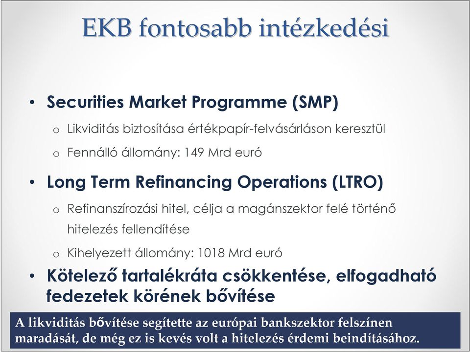 hitelezés fellendítése o Kihelyezett állomány: 1018 Mrd euró Kötelező tartalékráta csökkentése, elfogadható fedezetek körének