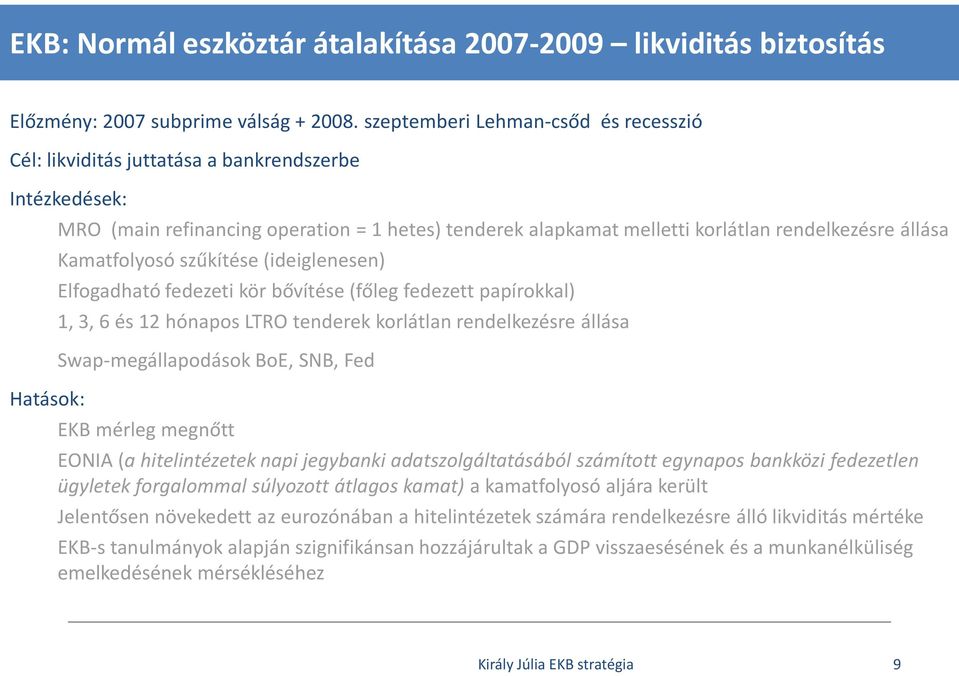 állása Kamatfolyosó szűkítése (ideiglenesen) Elfogadható fedezeti kör bővítése (főleg fedezett papírokkal) 1, 3, 6 és 12 hónapos LTRO tenderek korlátlan rendelkezésre állása Swap-megállapodások BoE,