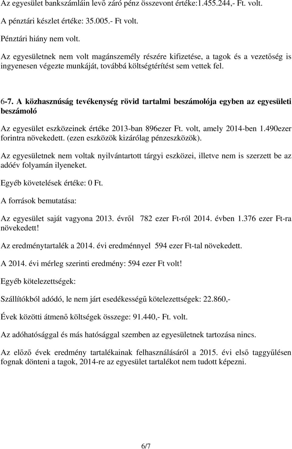 A közhasznúság tevékenység rövid tartalmi beszámolója egyben az egyesületi beszámoló Az egyesület eszközeinek értéke 2013-ban 896ezer Ft. volt, amely 2014-ben 1.490ezer forintra növekedett.