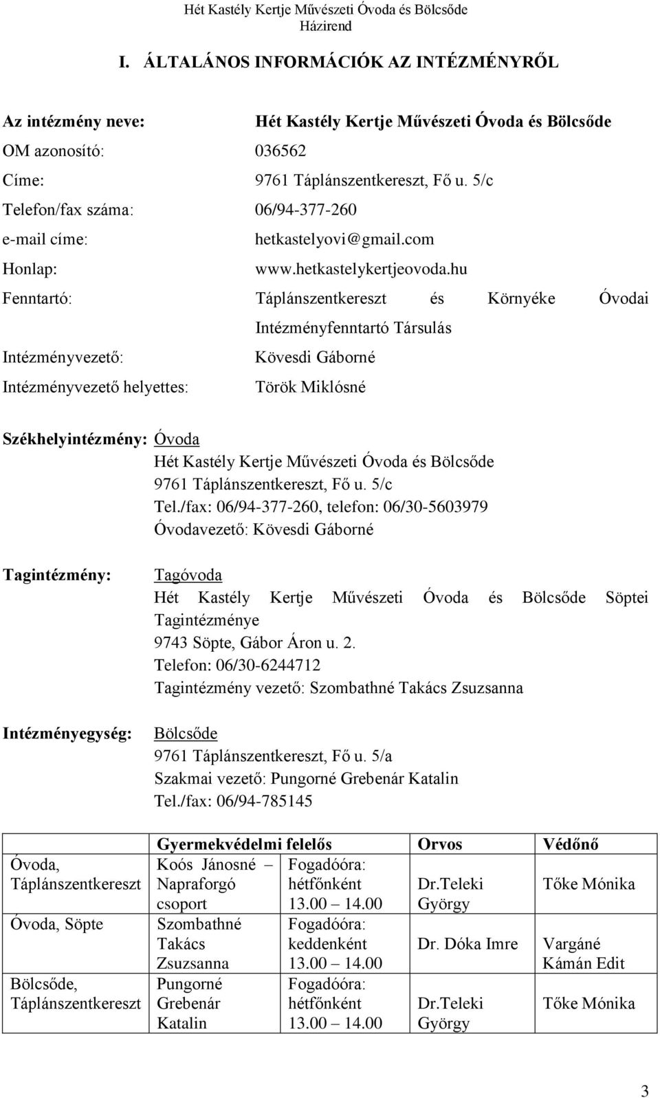 hu Fenntartó: Táplánszentkereszt és Környéke Óvodai Intézményfenntartó Társulás Intézményvezető: Kövesdi Gáborné Intézményvezető helyettes: Török Miklósné Székhelyintézmény: Óvoda Hét Kastély Kertje