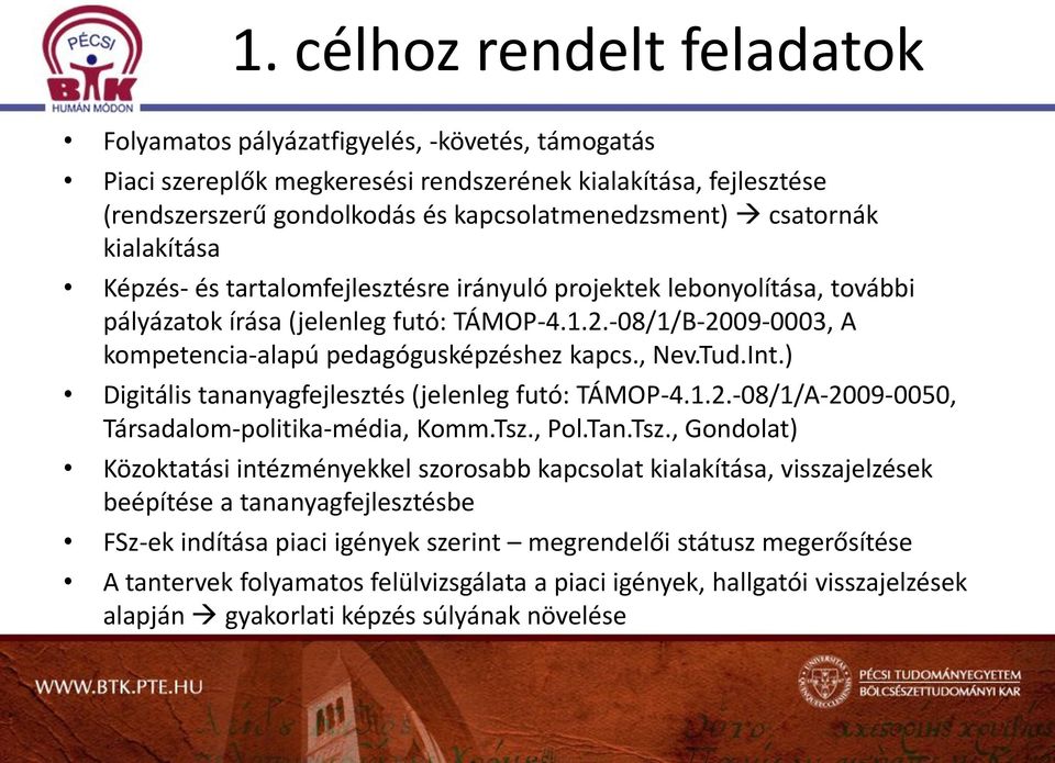 -08/1/B-2009-0003, A kompetencia-alapú pedagógusképzéshez kapcs., Nev.Tud.Int.) Digitális tananyagfejlesztés (jelenleg futó: TÁMOP-4.1.2.-08/1/A-2009-0050, Társadalom-politika-média, Komm.Tsz., Pol.