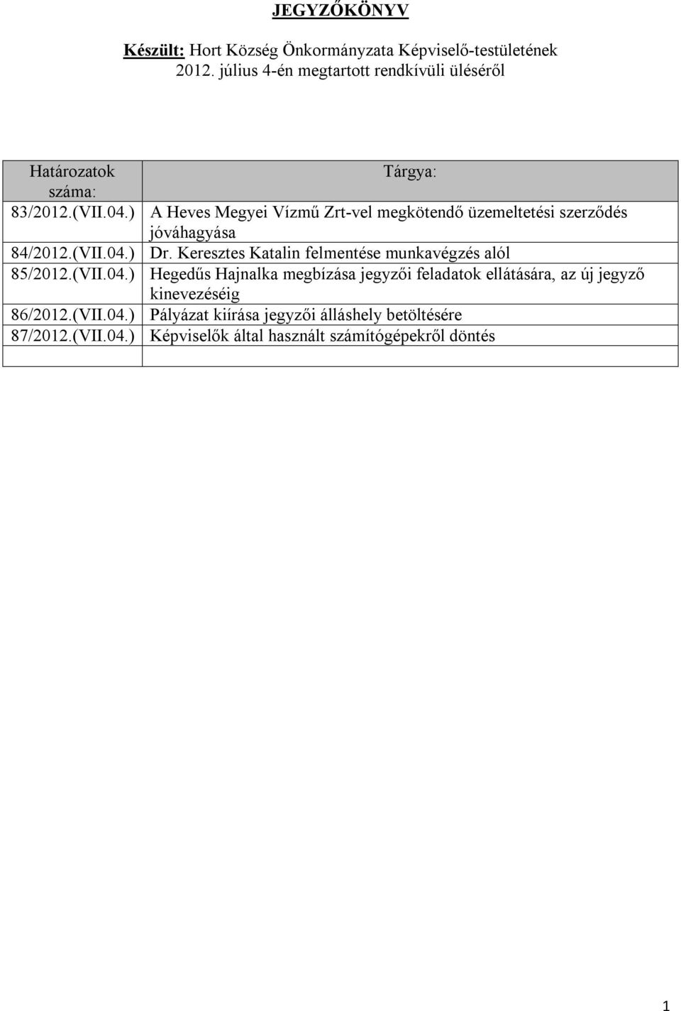 ) A Heves Megyei Vízmű Zrt-vel megkötendő üzemeltetési szerződés jóváhagyása 84/2012.(VII.04.) Dr.