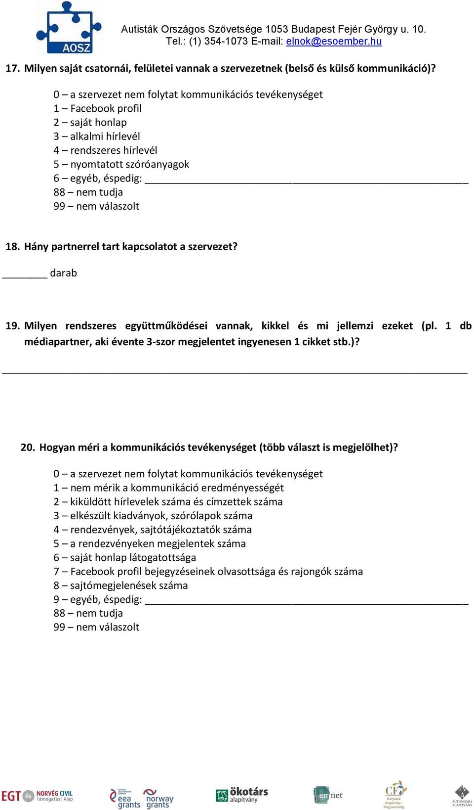 Hány partnerrel tart kapcsolatot a szervezet? darab 19. Milyen rendszeres együttműködései vannak, kikkel és mi jellemzi ezeket (pl.