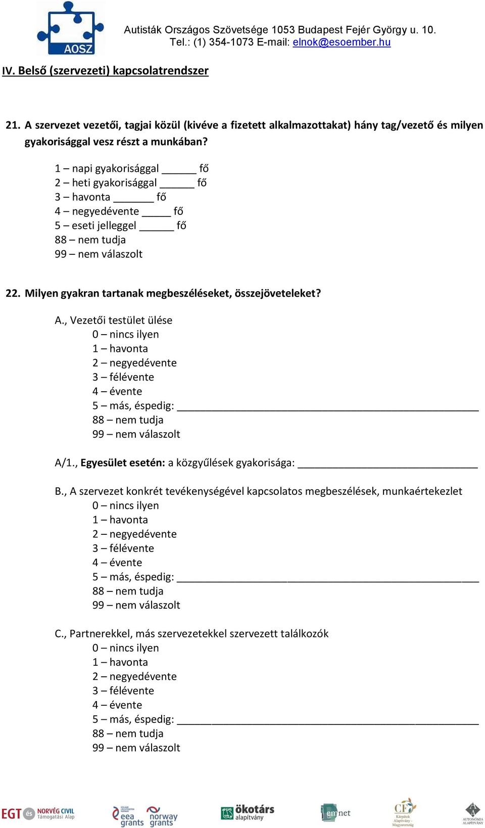 1 napi gyakorisággal fő 2 heti gyakorisággal fő 3 havonta fő 4 negyedévente fő 5 eseti jelleggel fő 22. Milyen gyakran tartanak megbeszéléseket, összejöveteleket? A.