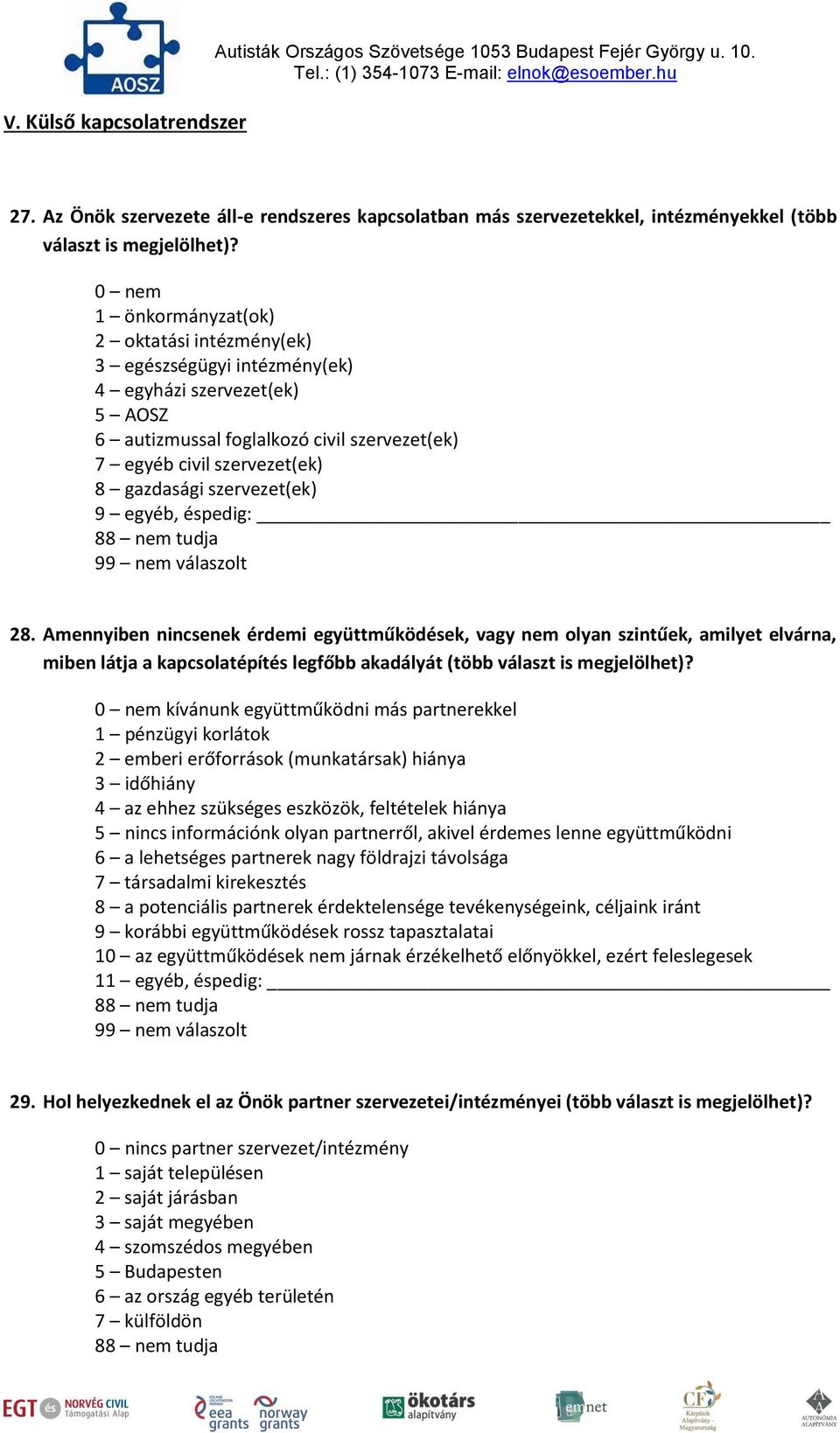 0 nem 1 önkormányzat(ok) 2 oktatási intézmény(ek) 3 egészségügyi intézmény(ek) 4 egyházi szervezet(ek) 5 AOSZ 6 autizmussal foglalkozó civil szervezet(ek) 7 egyéb civil szervezet(ek) 8 gazdasági