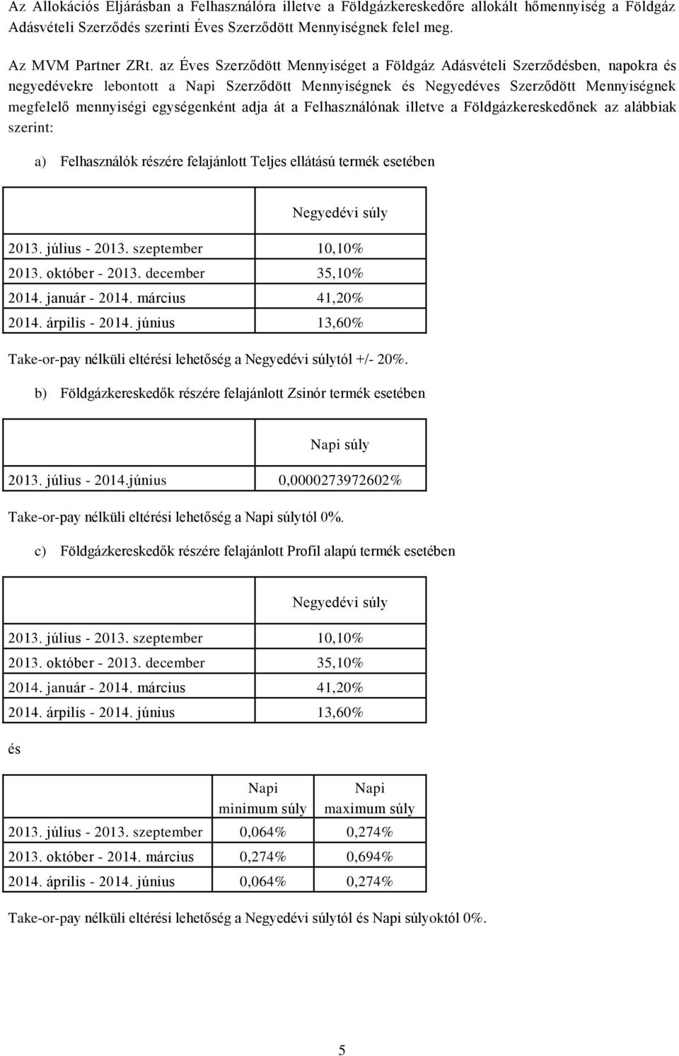 egységenként adja át a Felhasználónak illetve a Földgázkereskedőnek az alábbiak szerint: a) Felhasználók részére felajánlott Teljes ellátású termék esetében Negyedévi súly 2013. július - 2013.