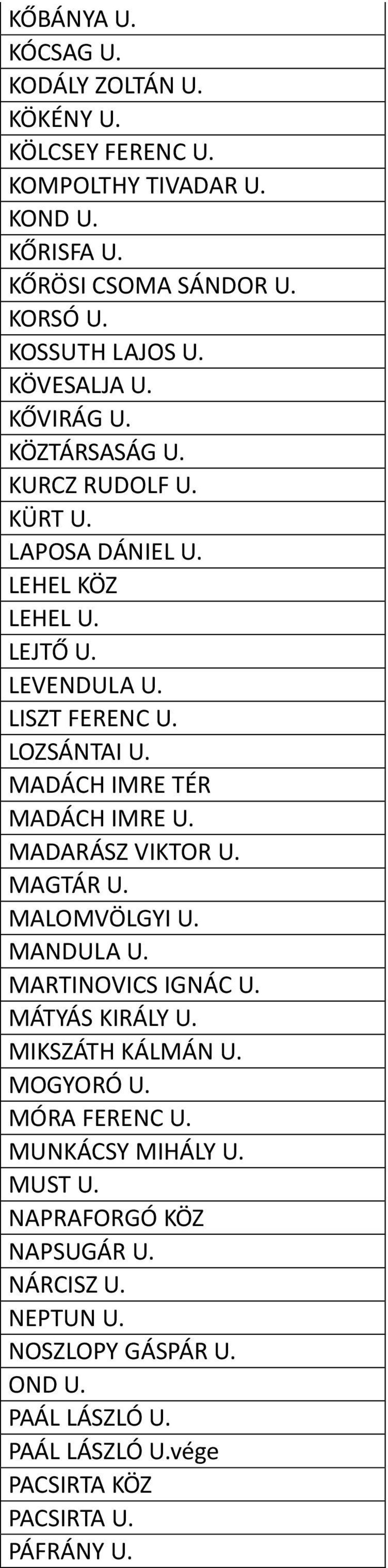 MADÁCH IMRE TÉR MADÁCH IMRE U. MADARÁSZ VIKTOR U. MAGTÁR U. MALOMVÖLGYI U. MANDULA U. MARTINOVICS IGNÁC U. MÁTYÁS KIRÁLY U. MIKSZÁTH KÁLMÁN U. MOGYORÓ U.