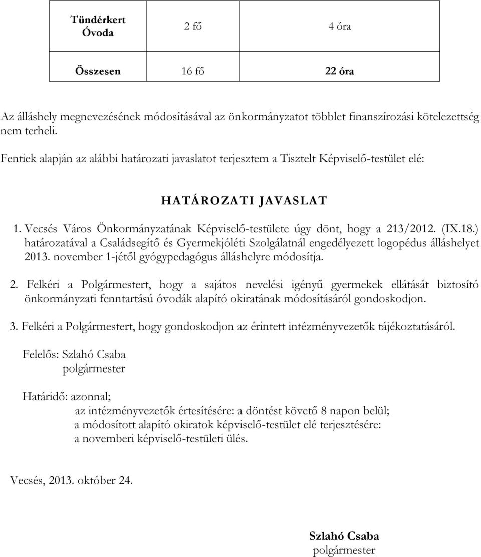 18.) határozatával a Családsegítő és Gyermekjóléti Szolgálatnál engedélyezett logopédus álláshelyet 20