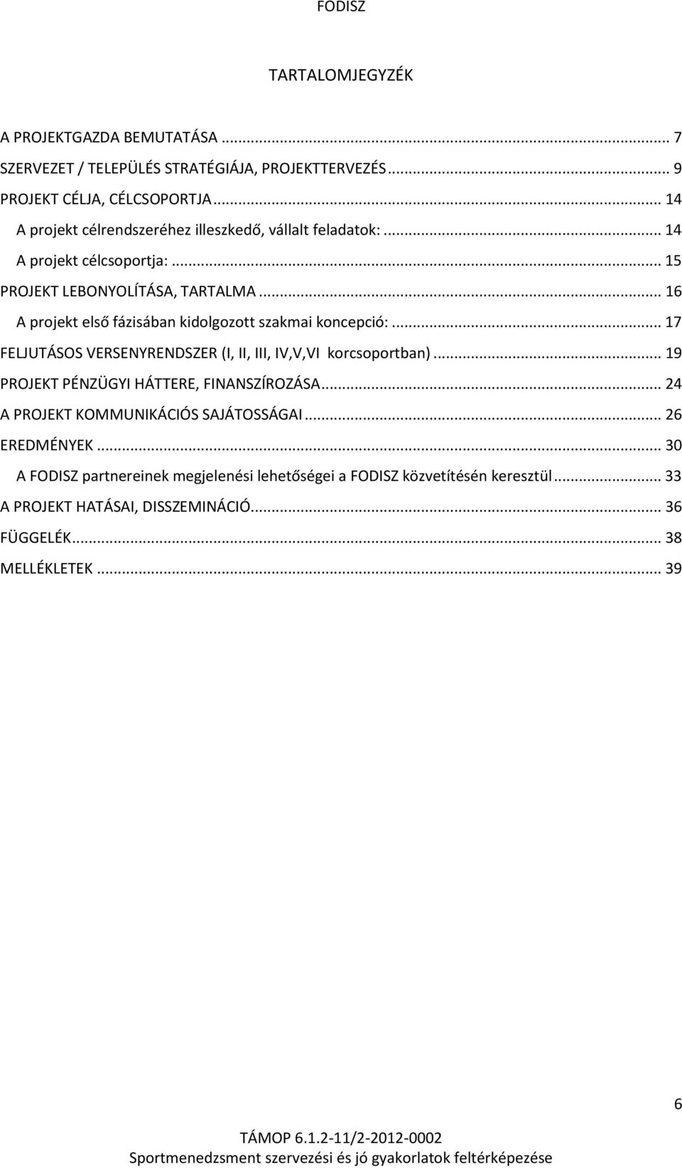 .. 16 A projekt első fázisában kidolgozott szakmai koncepció:... 17 FELJUTÁSOS VERSENYRENDSZER (I, II, III, IV,V,VI korcsoportban).