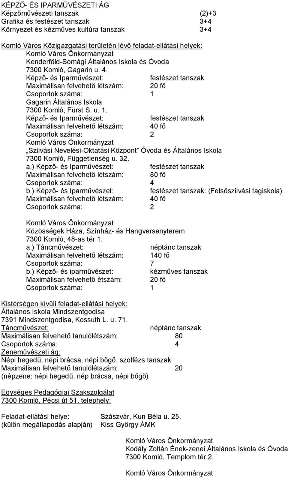 Képző- és Iparművészet: festészet tanszak Maximálisan felvehető létszám: 20 fő Csoportok száma: 1 