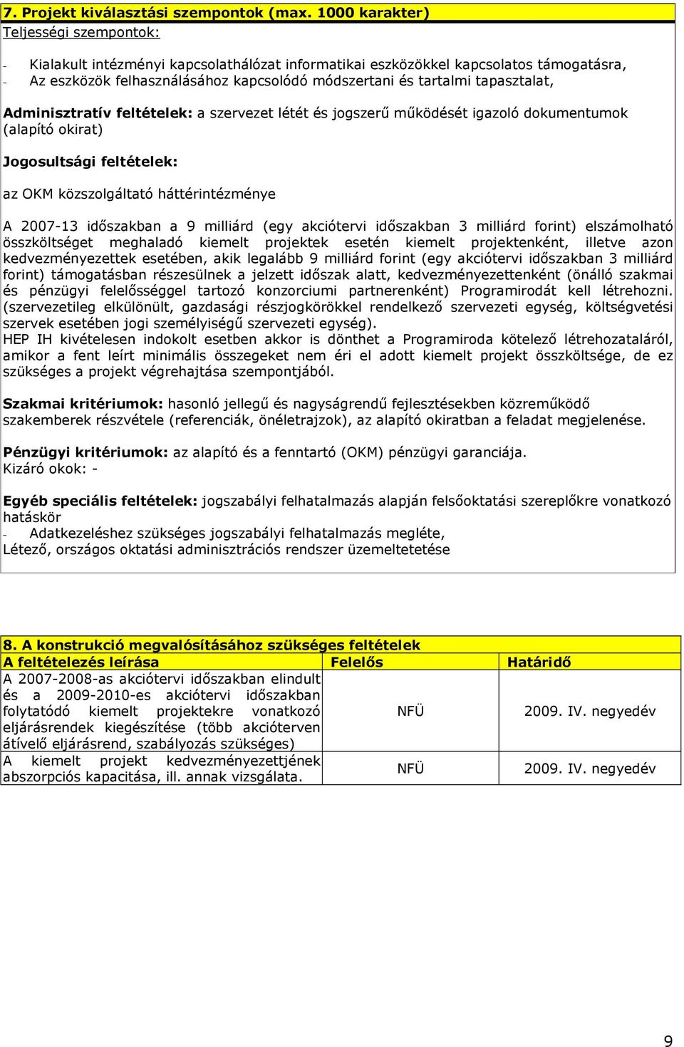 tapasztalat, Adminisztratív feltételek: a szervezet létét és jogszerő mőködését igazoló dokumentumok (alapító okirat) Jogosultsági feltételek: az OKM közszolgáltató háttérintézménye A 2007-13