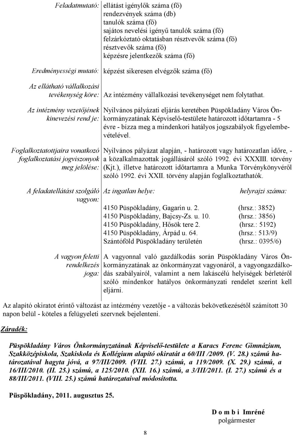 Az intézmény vezetőjének kinevezési rend je: Foglalkoztatottjaira vonatkozó foglalkoztatási jogviszonyok meg jelölése: A feladatellátást szolgáló vagyon: A vagyon feletti rendelkezés joga: Nyilvános