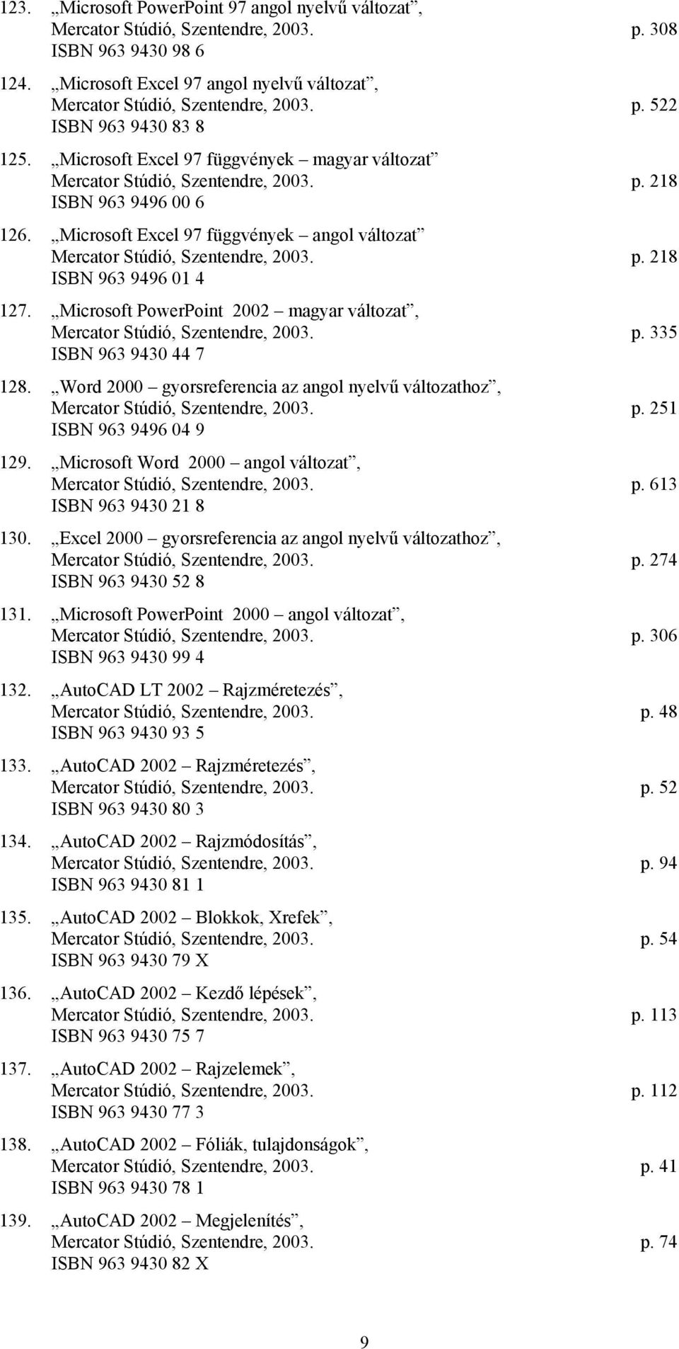 Microsoft PowerPoint 2002 magyar változat, Mercator Stúdió, Szentendre, 2003. p. 335 ISBN 963 9430 44 7 128. Word 2000 gyorsreferencia az angol nyelvű változathoz, Mercator Stúdió, Szentendre, 2003.