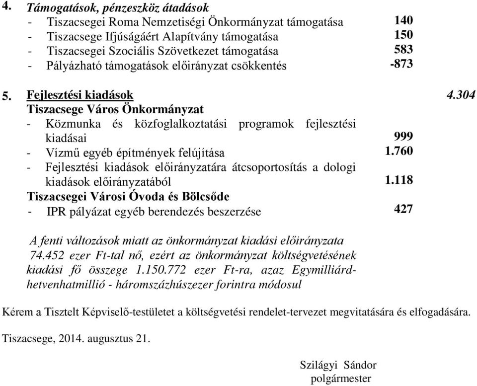 Fejlesztési kiadások Tiszacsege Város Önkormányzat - Közmunka és közfoglalkoztatási programok fejlesztési kiadásai - Vízmű egyéb építmények felújítása - Fejlesztési kiadások ára átcsoportosítás a