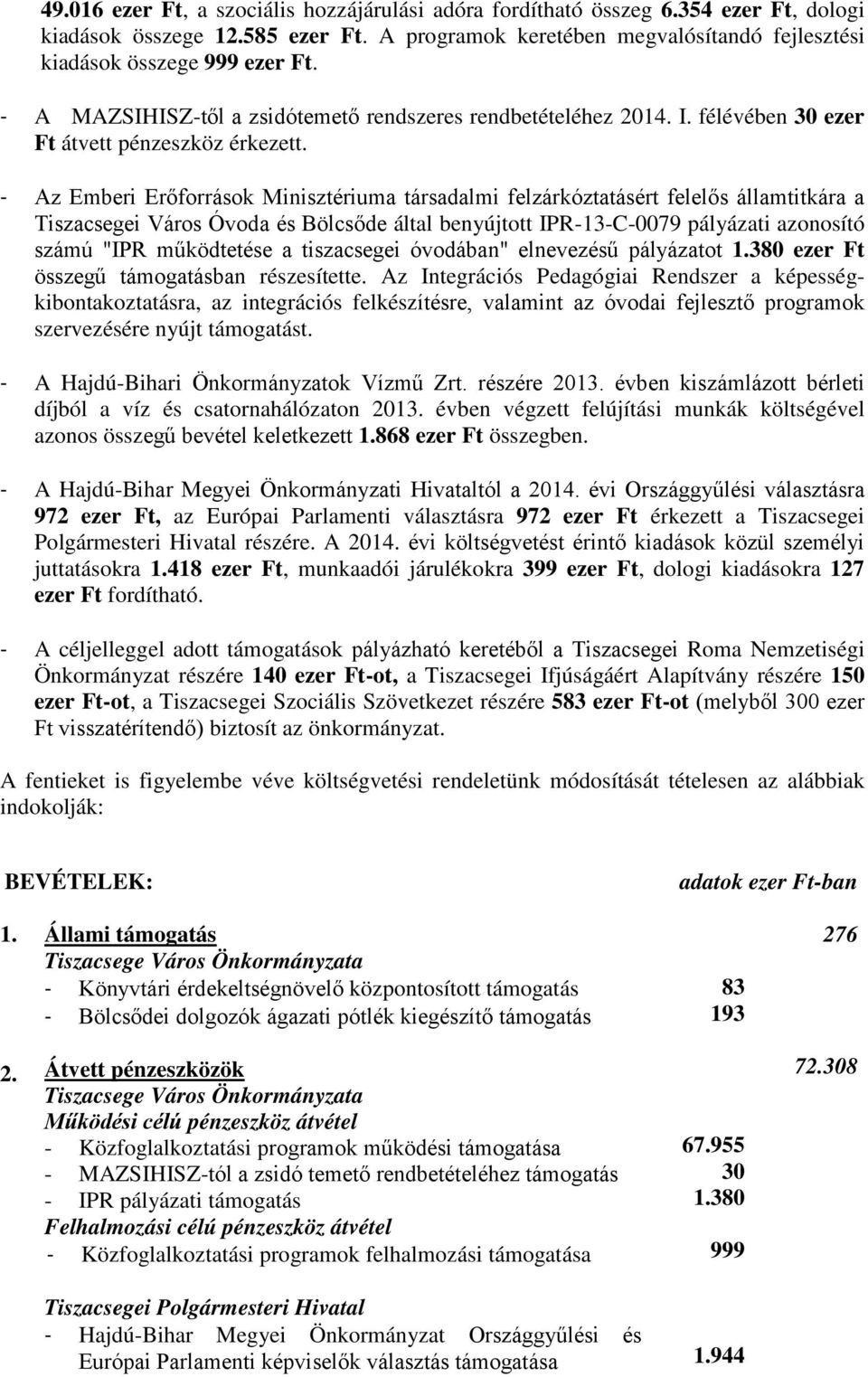 - Az Emberi Erőforrások Minisztériuma társadalmi felzárkóztatásért felelős államtitkára a Tiszacsegei Város Óvoda és Bölcsőde által benyújtott IPR-13-C-0079 pályázati azonosító számú "IPR működtetése
