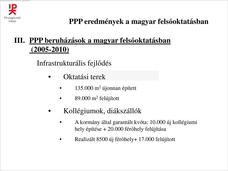 000 m 2 felújított Kollégiumok, diákszállók A kormány által garantált kvóta: