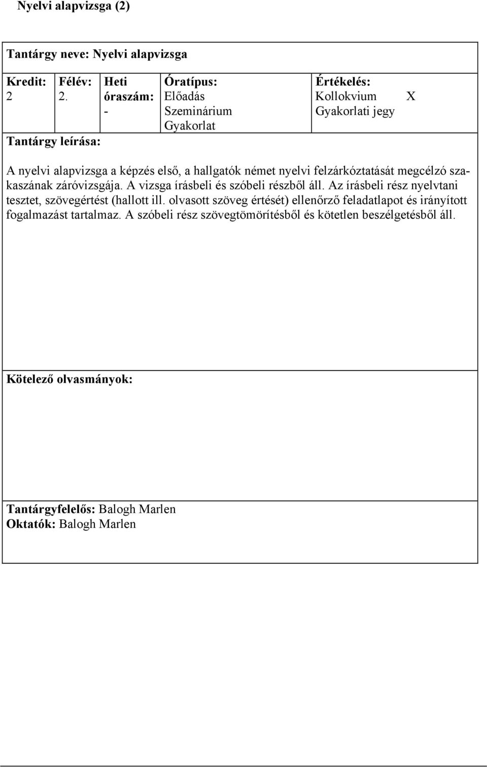záróvizsgája. A vizsga írásbeli és szóbeli részből áll. Az írásbeli rész nyelvtani tesztet, szövegértést (hallott ill.