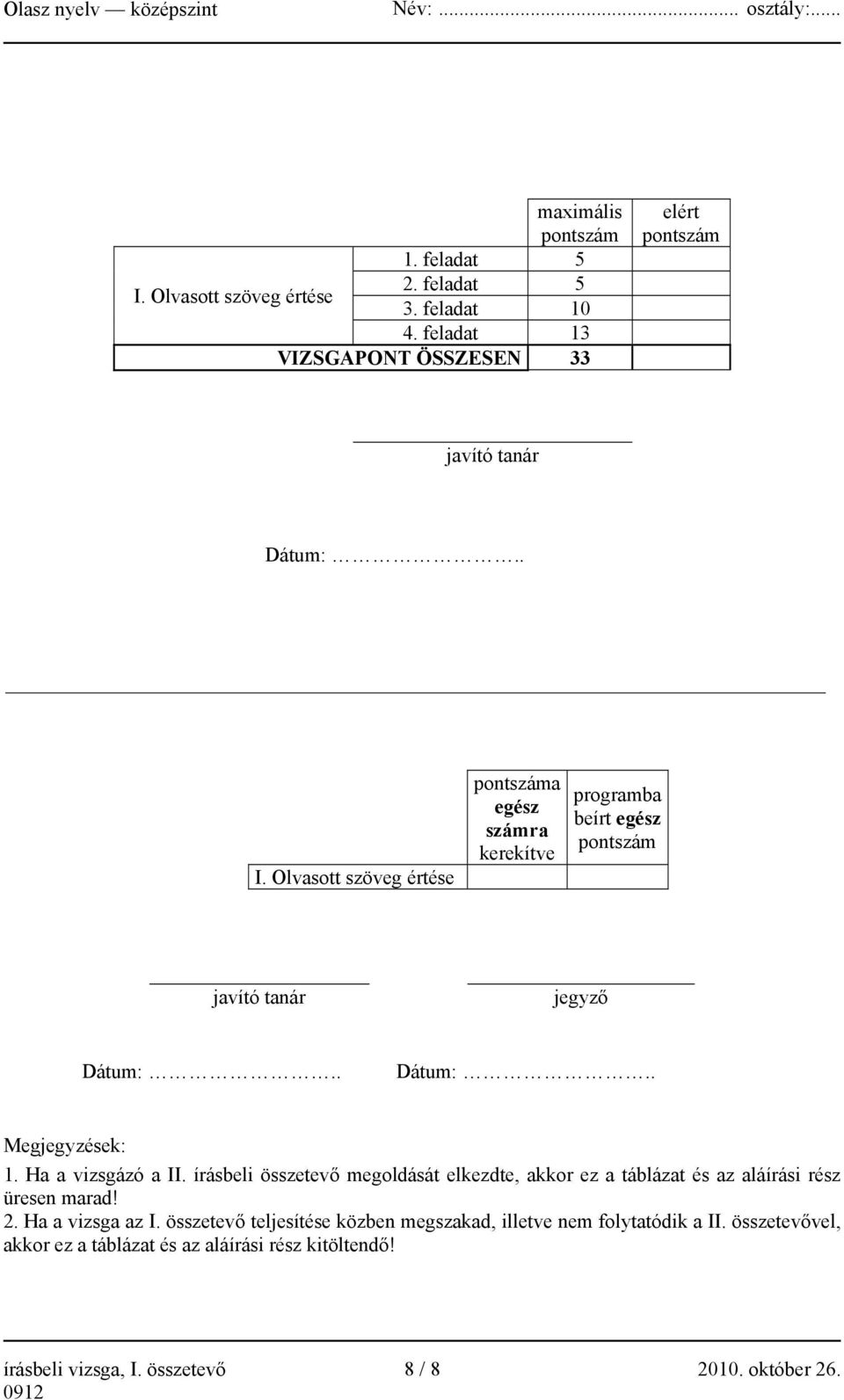 Ha a vizsgázó a II. írásbeli összetevő megoldását elkezdte, akkor ez a táblázat és az aláírási rész üresen marad! 2. Ha a vizsga az I.