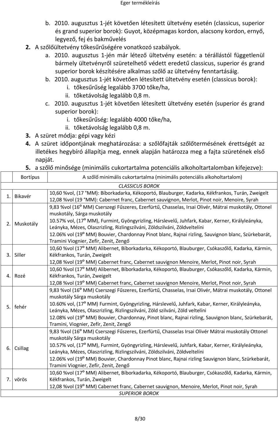 augusztus 1-jén már létező ültetvény esetén: a térállástól függetlenül bármely ültetvényről szüretelhető védett eredetű classicus, superior és grand superior borok készítésére alkalmas szőlő az