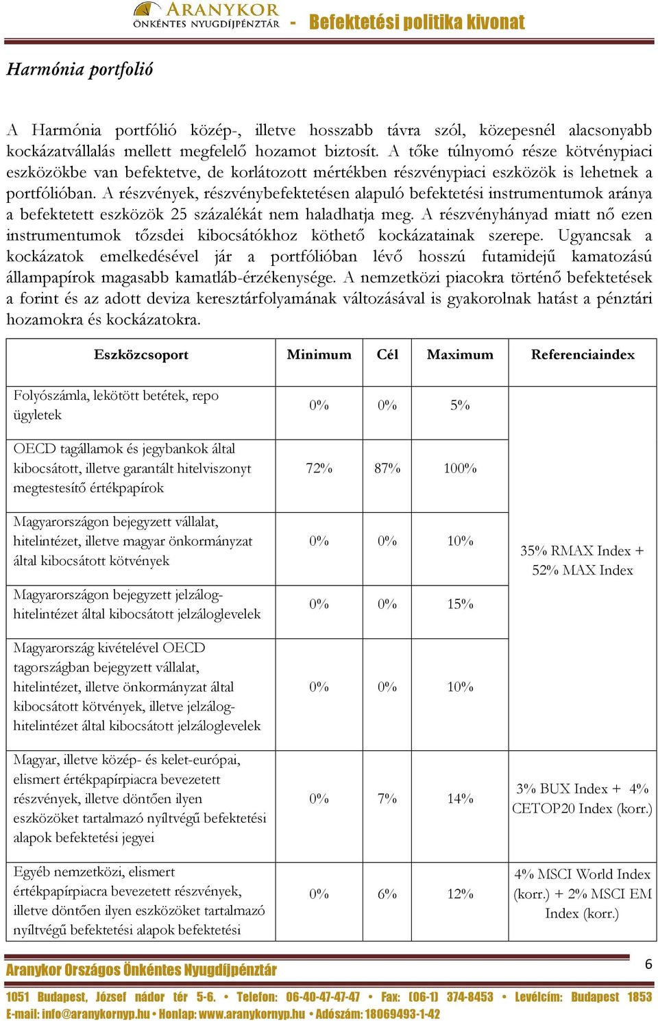 A részvények, részvénybefektetésen alapuló befektetési instrumentumok aránya a befektetett eszközök 25 százalékát nem haladhatja meg.