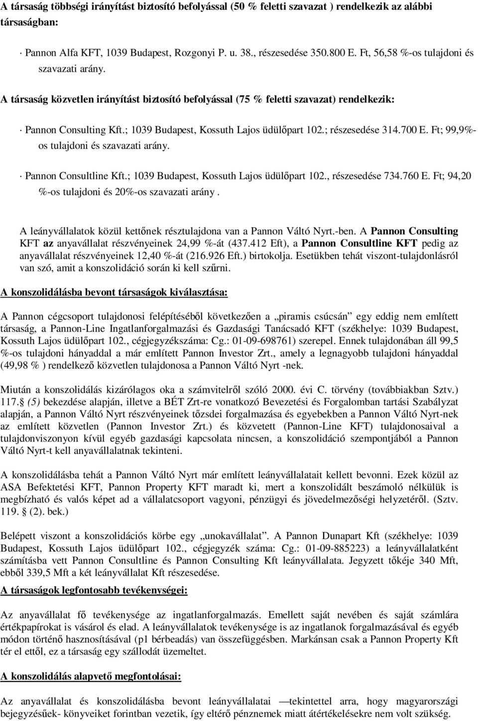 ; 1039 Budapest, Kossuth Lajos üdülıpart 102.; részesedése 314.700 E. Ft; 99,9%- os tulajdoni és szavazati arány. Pannon Consultline Kft.; 1039 Budapest, Kossuth Lajos üdülıpart 102., részesedése 734.
