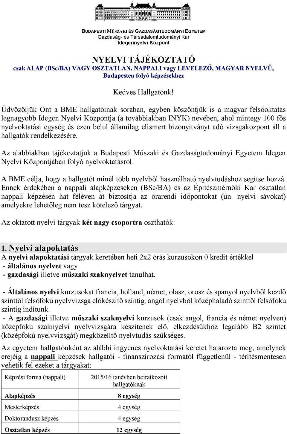 Üdvözöljük Önt a BME hallgatóinak sorában, egyben köszöntjük is a magyar felsőoktatás legnagyobb Idegen Nyelvi Központja (a továbbiakban INYK) nevében, ahol mintegy 100 fős nyelvoktatási egység és