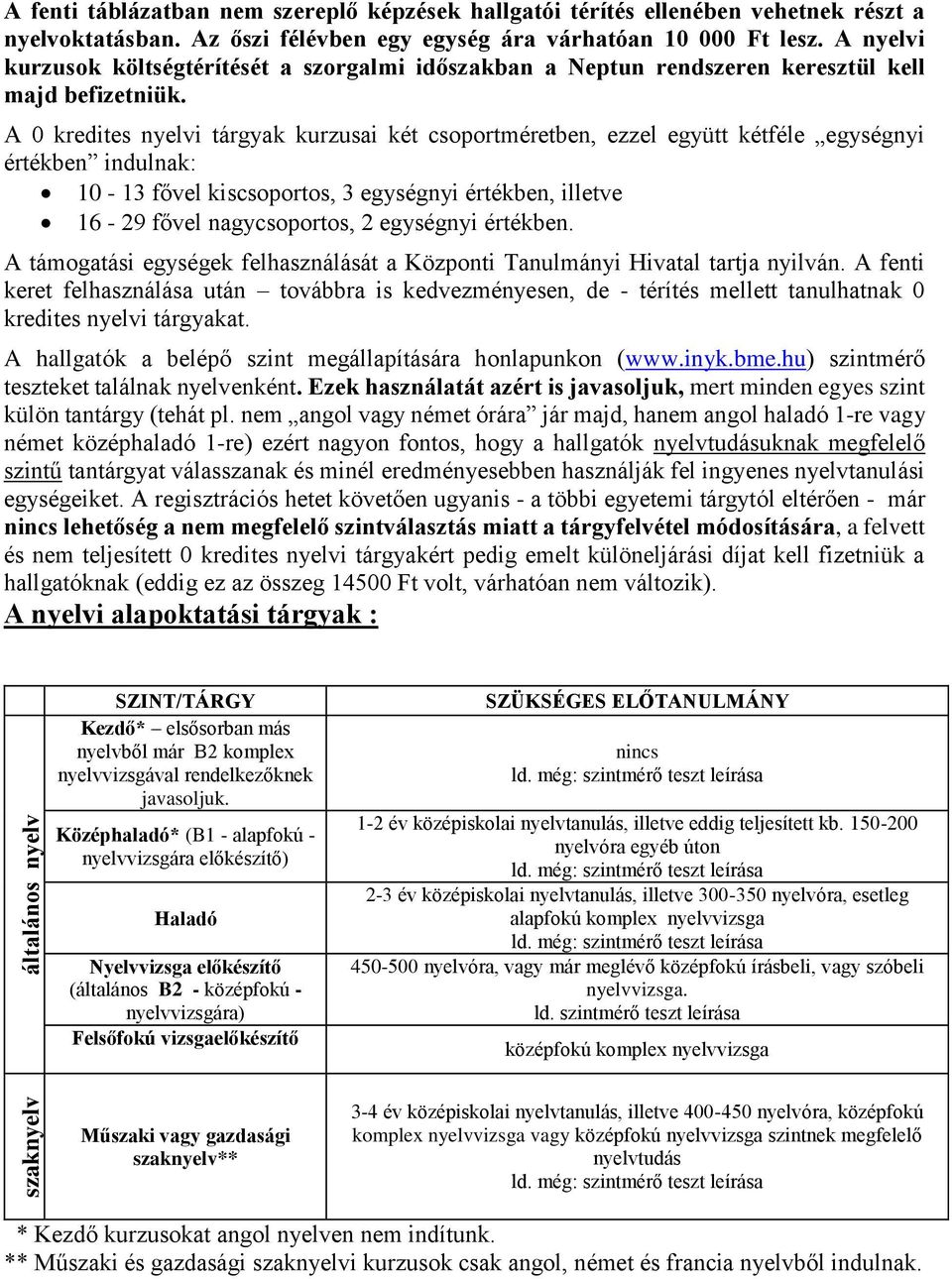 A 0 kredites nyelvi tárgyak kurzusai két csoportméretben, ezzel együtt kétféle egységnyi értékben indulnak: 10-13 fővel kiscsoportos, 3 egységnyi értékben, illetve 16-29 fővel nagycsoportos, 2