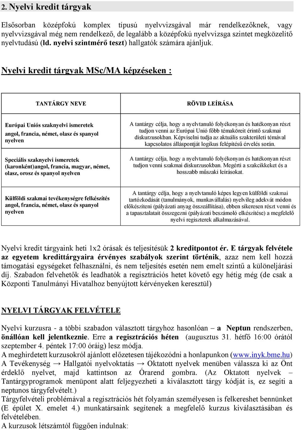 Nyelvi kredit tárgyak MSc/MA képzéseken : TANTÁRGY NEVE RÖVID LEÍRÁSA Európai Uniós szaknyelvi ismeretek angol, francia, német, olasz és spanyol nyelven Speciális szaknyelvi ismeretek