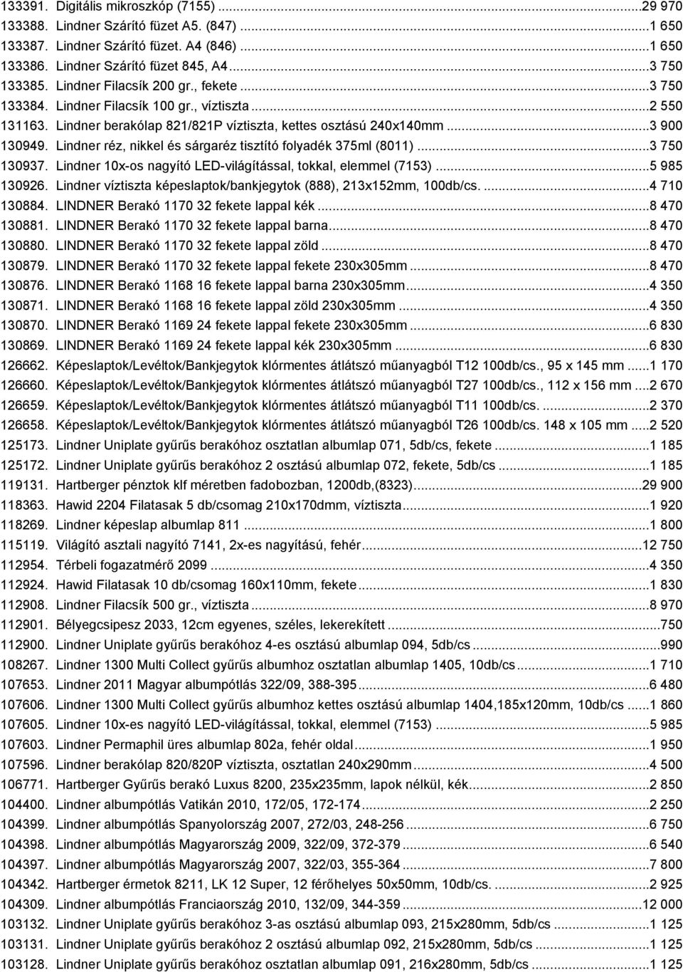 Lindner réz, nikkel és sárgaréz tisztító folyadék 375ml (8011)...3 750 130937. Lindner 10x-os nagyító LED-világítással, tokkal, elemmel (7153)...5 985 130926.