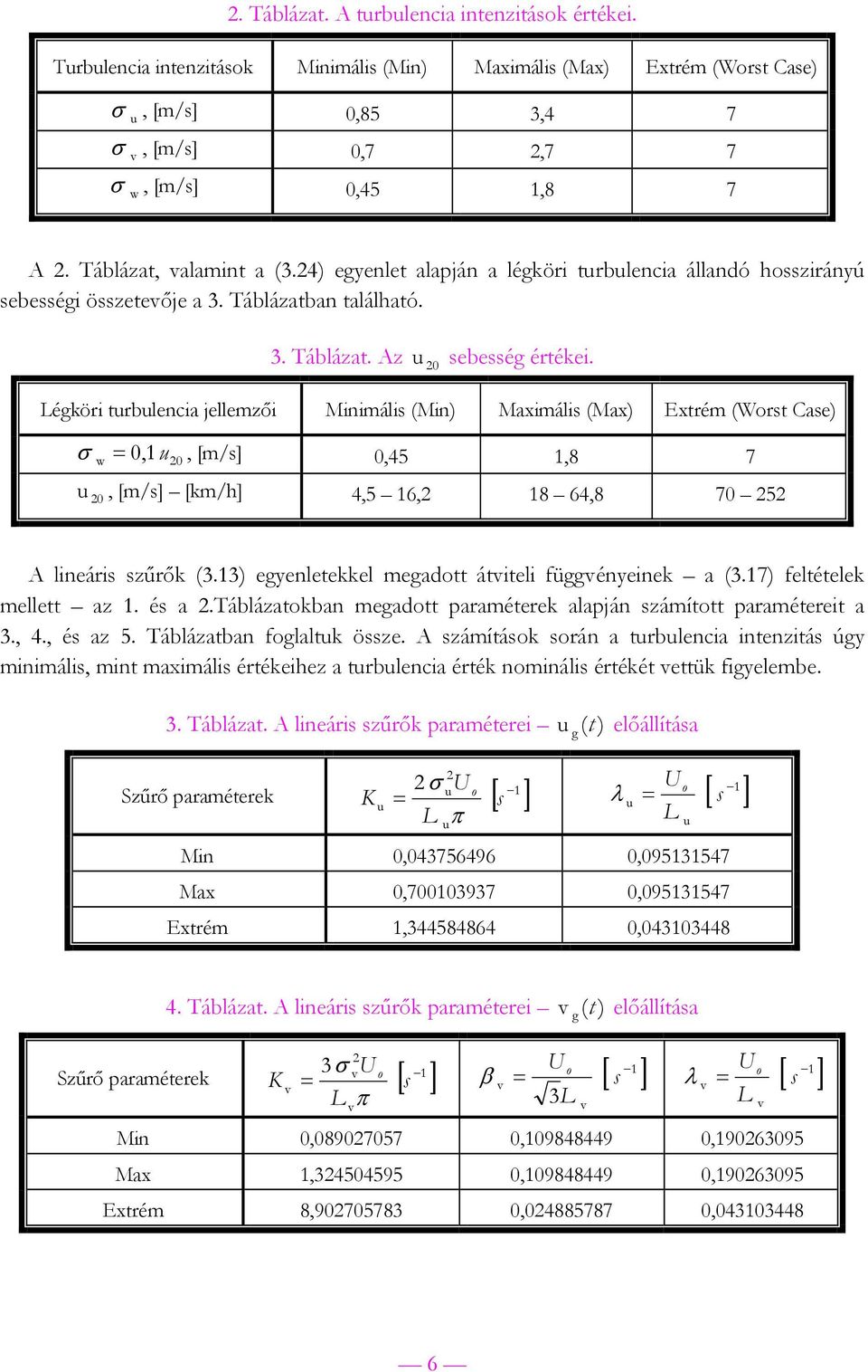 éköri trblencia jellemzői Minimális (Min) Maximális (Max) Extrém (Worst Case) σ = 0,, [m/s] 0,45,8 7 0 0, [m/s] [km/h] 4,5 6, 8 64,8 70 5 A lineáris szűrők (3.